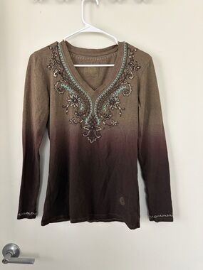 Double D Ranch Embroidered V-Neck Ombre Long-Sleeve Top - Brown